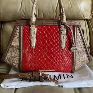LKNW Brahmin Large Satchel Red/Beige Carlisle Croc Embossed Leather w/Strap